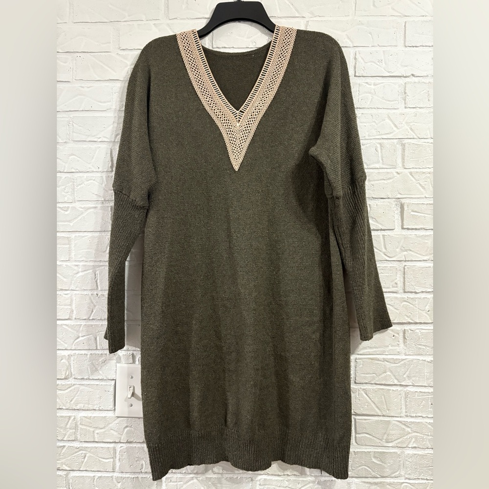 Chic Olive Sweater Dress with Lace Neckline